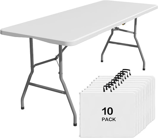 10PK Folding Table, 6FT Portable Plastic Folding Table, Foldable Dining Tables with Carrying Handle for Party, Picnic, Camping, Easy to Fold and Storage, for Indoor or Outdoor Use