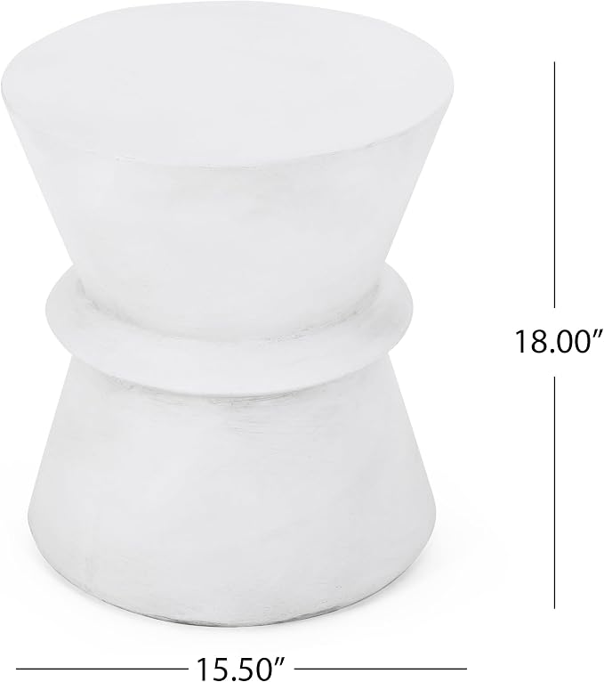Outdoor Side Table 15.5" Hourglass Shape Lightweight Concrete-Look Outdoor Indoor Accent Table Decorative Garden Stools, for Patio Porch Living Room, White