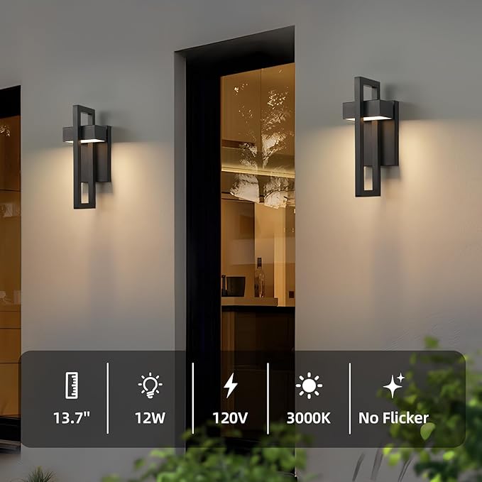 LED Outdoor Wall Sconce Modern Exterior Lighting Fixtures, Matte Black Outdoor Front Porch Lights LED Outside Wall Mount Lights for House, Hallway, Warm White 3000K, 2 Pack