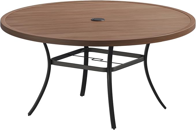 VICLLAX 60" Round Patio Table, Outdoor Dining Table for 8-10 with Umbrella Hole for Garden Lawn Deck Backyard, Walnut