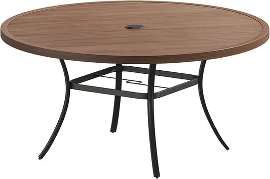 VICLLAX 60" Round Patio Table, Outdoor Dining Table for 8-10 with Umbrella Hole for Garden Lawn Deck Backyard, Walnut