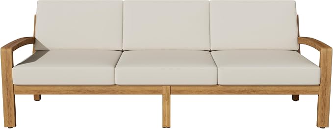 JIVOIT L-Shape Outdoor Furniture Set, 3-Piece Acacia Sectional Patio Sofa Set with 3-Seater Sofa, Coffee Table and Ottoman, Conversation Set for Garden, Poolside, Backyard