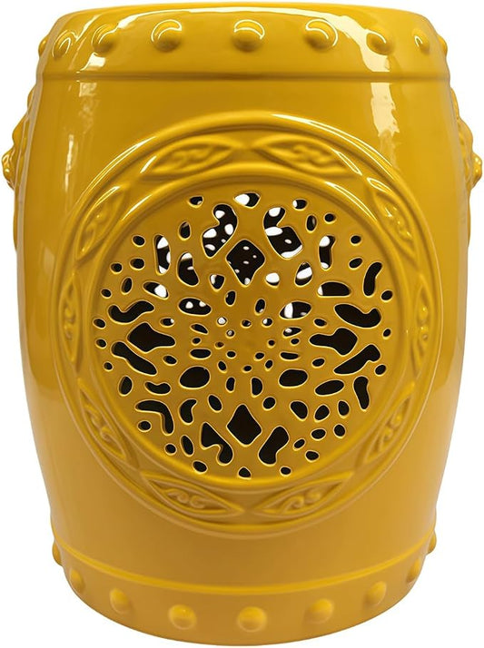 Decorative Ceramic Garden Stool, Hand-Crafted Outdoor Side Table, Shoe Changing Drum Stool for Patio, Living Room Accent Furniture(Yellow 2)