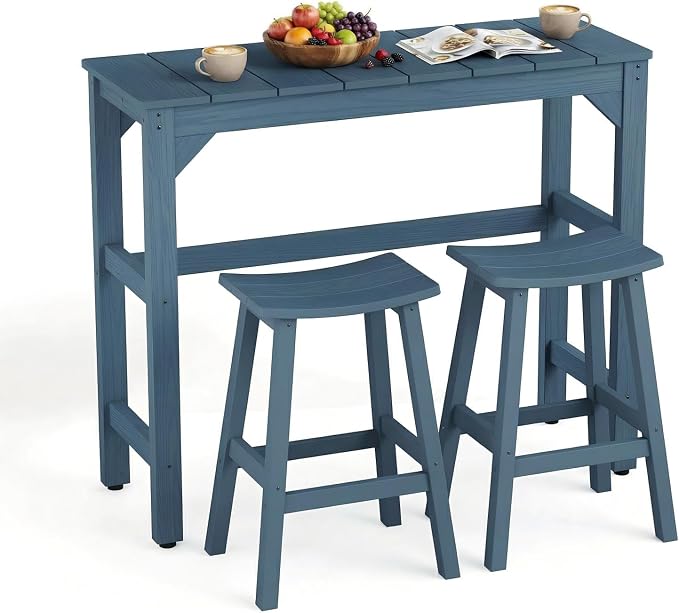 Stoog All-Weather 3-Piece Patio Bar Set – Counter Height Bar Table & 2 Bar Stools, Low Maintenance, Fade & Rot Resistant, Blue for Backyard, Garden, Balcony, Deck