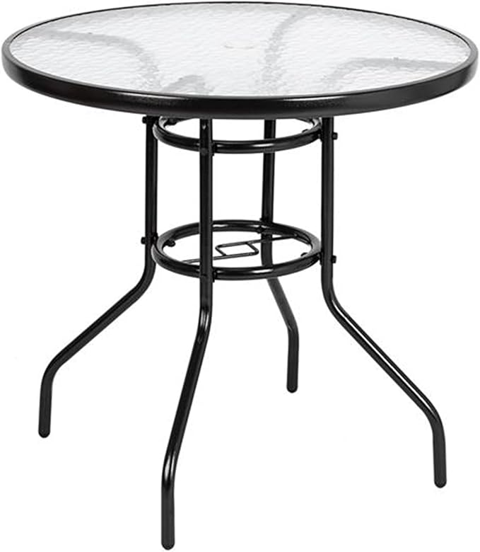 31.5" Round Outdoor Dining Table, Toughened Glass Patio Table with Umbrella Hole for Yard and Garden