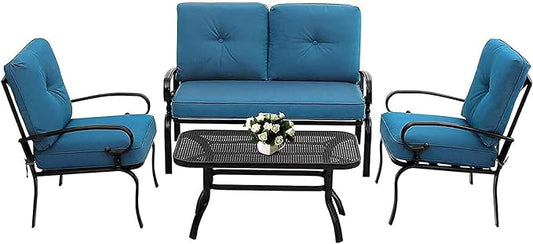 Outdoor Furniture Patio Conversation Set Loveseat, 2 Chairs, Coffee Table with Cushion, Lawn Front Porch Garden, Metal Chair Set Wrought Iron Look (Peacock Blue)