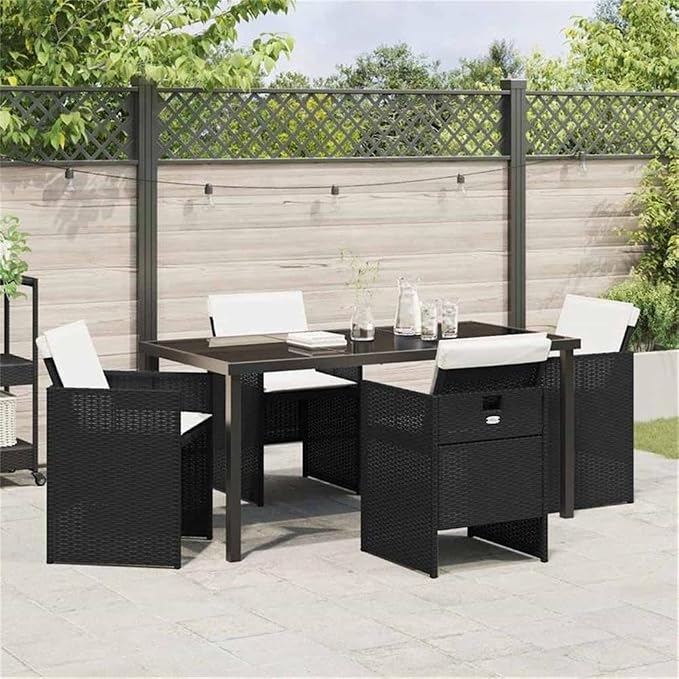 Afuera Living 5-Piece Poly Rattan Garden Dining Set, Black Finish, Metal Frame and Tempered Glass Tabletop, Modern Patio Furniture for Outdoor Meals, Weather-Resistant Seating for 4