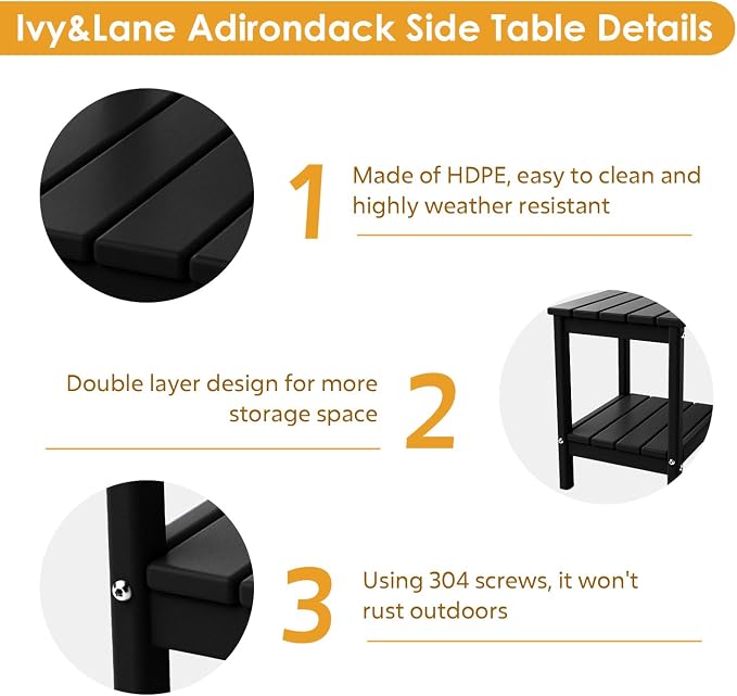 IVY&LANE Adirondack Outdoor Side Table | HDPE Plastic | Patio End Tables with Storage | 2-Shelf | Weather Resistant | Black | 14 x 13 Inches | for Outside Porch Deck Backyard Indoor