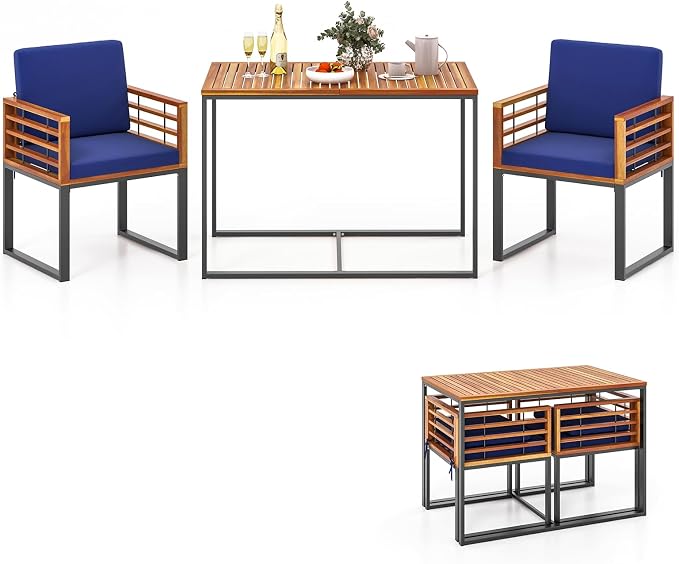 Tangkula 3 Piece Outdoor Dining Set, 2 Acacia Wood Armchairs with 43.5 Inch Dining Table, Heavy-Duty Metal Support, Cushioned Space-Saving Patio Furniture Set for Porch, Poolside