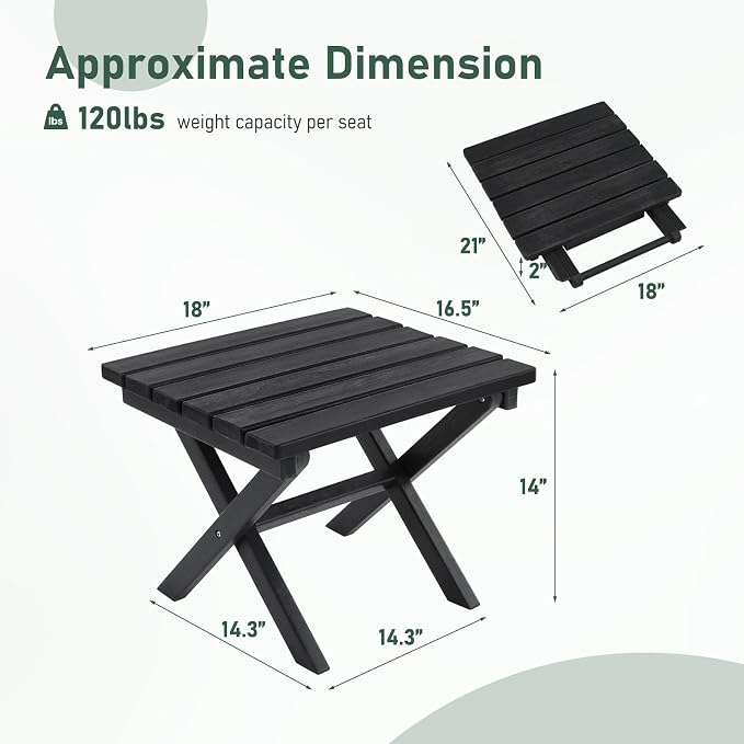 Furnimart 18" Square Foldable Side Table for Outdoor & Camping, Extra-Thick HDPE Weather-Resistant Small Coffee Table, Portable Black Outdoor End Table for Balcony Poolside Space Saving(Black)