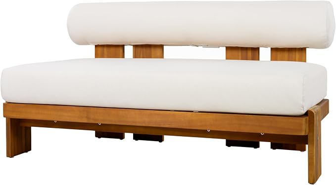 Christopher Knight Home Phobo Acacia Wood Outdoor Loveseat and Coffee Table Set, 2 Piece Patio Furniture Set with Cushion, Outdoor Conversation Set with Slatted Design for Backyard, Teak + Beige