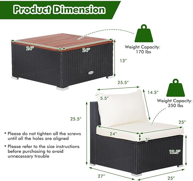 5PCS Patio Rattan Furniture Set Acacia Wood Table Top Sofa Cushion Deck
