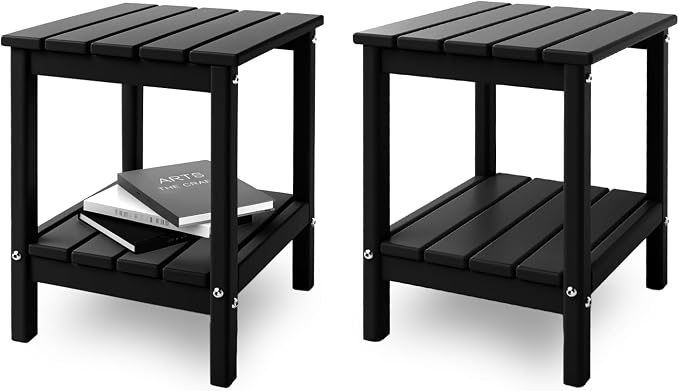 IVY&LANE Adirondack Outdoor Side Tables Set of 2 | HDPE Plastic | Patio End Table with Storage | 2-Shelf | Weather Resistant | Black | 14 x 13 Inches | for Outside Porch Backyard Indoor