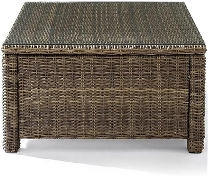 Pemberly Row 32" Square Patio Coffee Table, Glass Top, Brown Finish, PE Wicker and Steel Frame, Weather-Resistant Outdoor Table for Patio or Deck