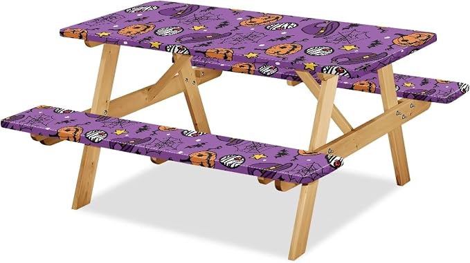 Halloween Picnic Table Cover with Bench Covers 3 Piece Fitted Picnic Table Cover with Bench Covers Picnic Table Covers with Elastic Band Picnic Table Cover for Halloween Decoration