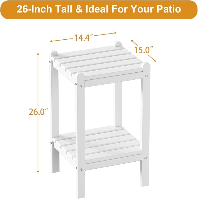 Outdoor Side Table, 26-Inch Tall Adirondack Patio Side Table, All-Weather HDPE Outdoor End Table for Porch Deck Balcony Pool, Easy Maintenance, White