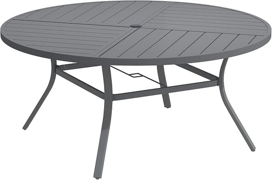 DIFY 59.8" Round Outdoor Patio Dining Table for 8-10, All-Weather Metal Steel Slatted Patio Table with 1.57" Adjustable Umbrella Hole for Garden, Backyard, Deck, Grey