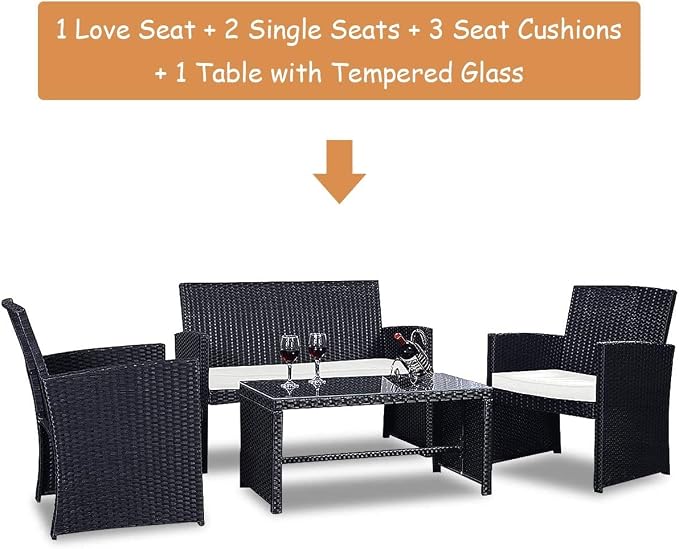 LDAILY LUARANE 4-Piece Rattan Sofa Set w/Soft Weather Resistant Cushions and Tempered Glass Tabletop, Outdoor Patio Furniture Set for Garden, Poolside, Weaving Rattan Conversation Sofa