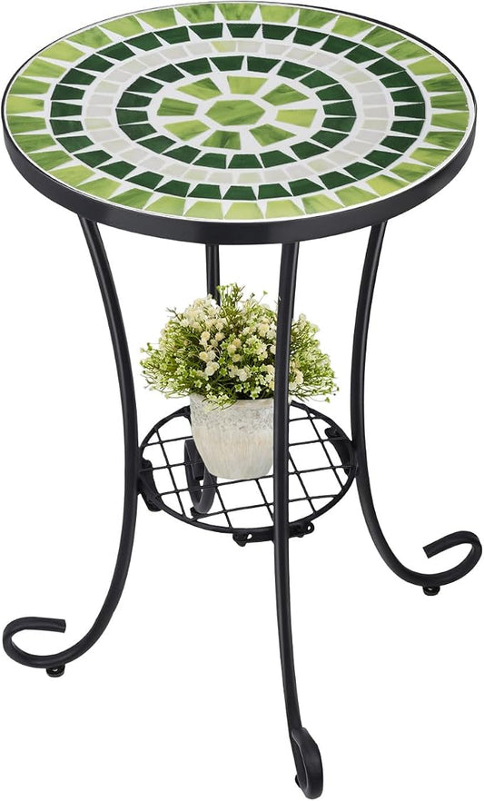 VCUTEKA Outdoor Side Table Mosaic Patio Table Accent Tables Mosaic Tile Top Metal Frame Small End Tables Porch Beach Patio Garden Balcony Grass Green
