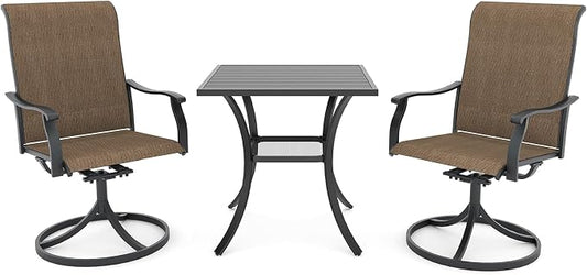 Anmutig 3 Piece Outdoor Patio Bistro Dining Set with 2 Swivel Dining Chairs & 1 Square Metal Dining Table, All Weather Dining Furniture Set for Lawn Garden Brown