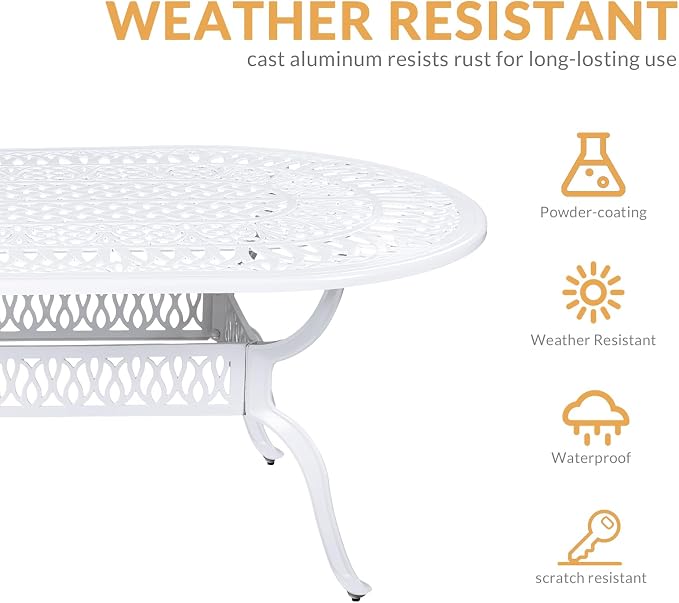 9-Piece Patio Dining Set, Outdoor Patio Table and Chair Set of 84” Oval Cast Aluminum Dining Table with Umbrella Hole and 8 Outdoor Dining Chairs, Patio Funiture Set, White
