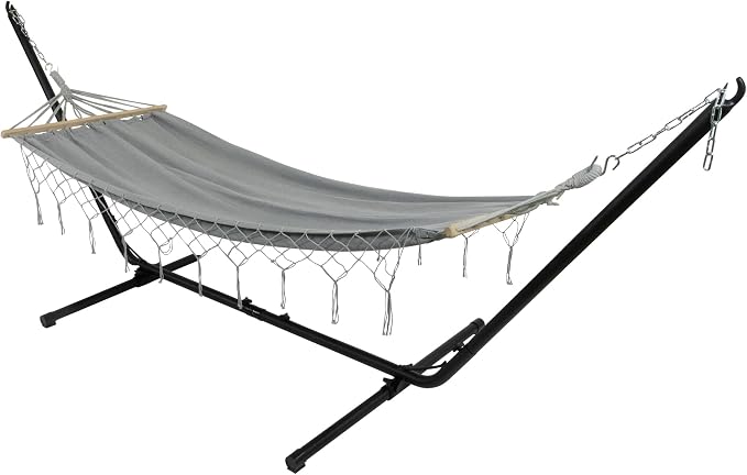 Hammock with Netted Fringe and Wooden Bars - 100" x 41" - Gray