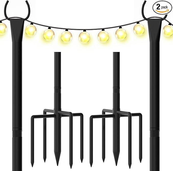 String Light Poles for Outside, 10ft Outdoor Poles for String Lights, Heavy Duty Stepped-in 5-Prong Base Light Pole for Backyard, Patio, Garden, Wedding & Party Decor (2 Pack)