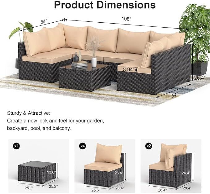 Patio Furniture Set, 7PCS Outdoor Sectional PE Rattan Patio Conversation Set w/Thickened Cushion Modular Wicker Patio Sofa Set w/Coffee Table for Balcony, Backyard(Coffee)