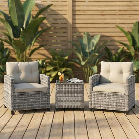 GarveeLife 3 Pieces Patio Furniture Set, PE Rattan Patio Conversation Set with Tempered Glass Tabletop, Outdoor Wicker Chairs and Table Set for Patio Balcony Garden, Grey and Beige