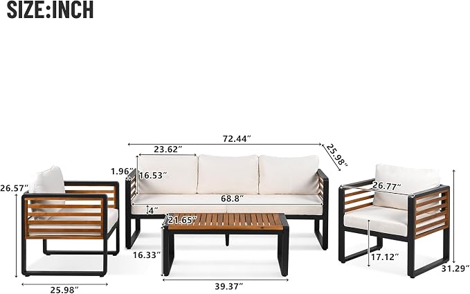 Large 4-Piece Outdoor Patio Sofa Set for 5 People, Metal & Acacia Wood Frame, Removable Cushions, Thick Comfortable Seats, Conversation Furniture with Table, Modular Garden and Backyard Set, Beige