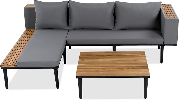 Luxury 4-Piece L-Shaped Outdoor Patio Sofa Set with Acacia Wood Side & Coffee Table, Removable Cushions & Pillows, Metal Frame, Comfortable Modular Conversation Sectional for Backyard, Porch, Gray