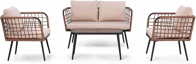LAUSAINT HOME 4 Pieces Outdoor Patio Furniture Set, Rattan Balcony Furniture with Coffee Table, Patio Conversation Set with Soft Cushions for Patio, Porch, Balcony and Backyard