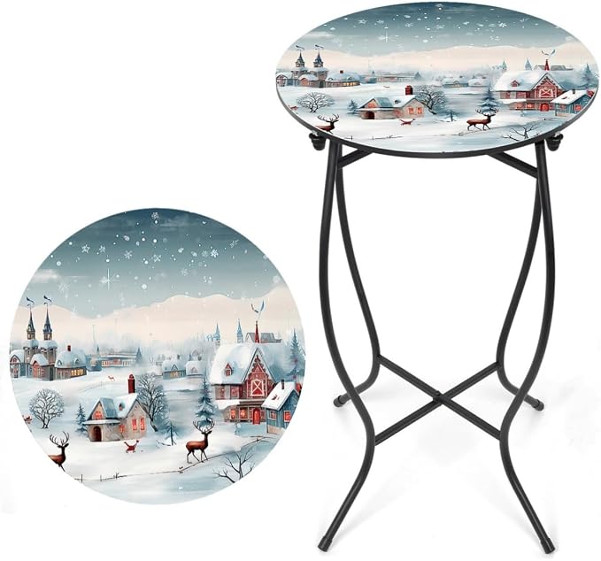 21 Inch Tall Metal Side Table, Unique Christmas Tabletop with Metal Frame, Round End Bedside Table Accent Table for Bedroom Patio Yard Porch Balcony Garden