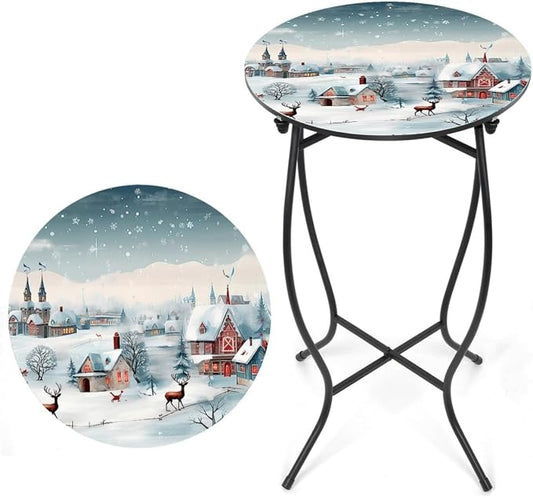 21 Inch Tall Metal Side Table, Unique Christmas Tabletop with Metal Frame, Round End Bedside Table Accent Table for Bedroom Patio Yard Porch Balcony Garden