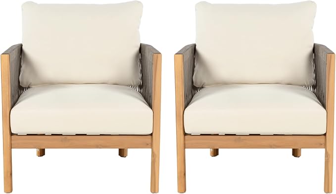 Christopher Knight Home Havets 4 Pieces Outdoor Acacia Furniture Set, Woven Rope Loveseat and Accent Club Chairs, Conversation Sets with 6" Thick Cushions for Backyard Garden Balcony, Gray+Beige