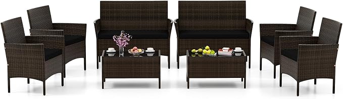 HAPPYGRILL 8 Pieces Outdoor Rattan Conversation Set, Patio Wicker Furniture Set with Loveseat Chairs & Tempered Glass Coffee Table, Outside Sectional Sofa Set for Backyard Garden & Poolside