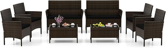 HAPPYGRILL 8 Pieces Outdoor Rattan Conversation Set, Patio Wicker Furniture Set with Loveseat Chairs & Tempered Glass Coffee Table, Outside Sectional Sofa Set for Backyard Garden & Poolside