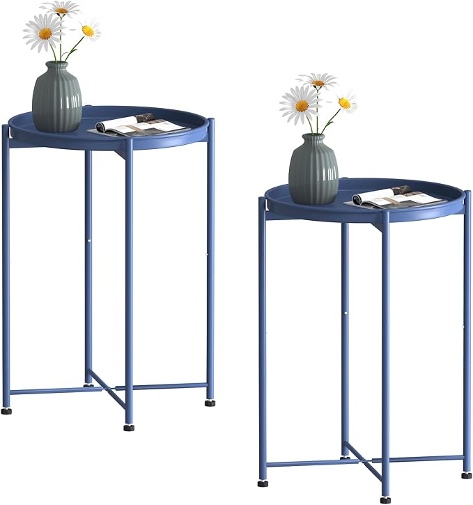 Garden 4 you Small Side Table, Blue Mini Round End Table, Tray Table with Metal Frame, Modern Nightstand for Living Room, Bedroom, Patio, Small Space, 2pcs