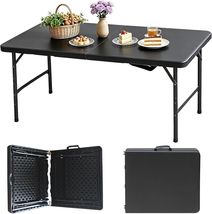 Portable Plastic Folding Table 4ft/6ft/8ft Heavy Duty White Black Picnic Dining Table Fold-in-Half for Camp Party Kitchen Indoor Outdoor