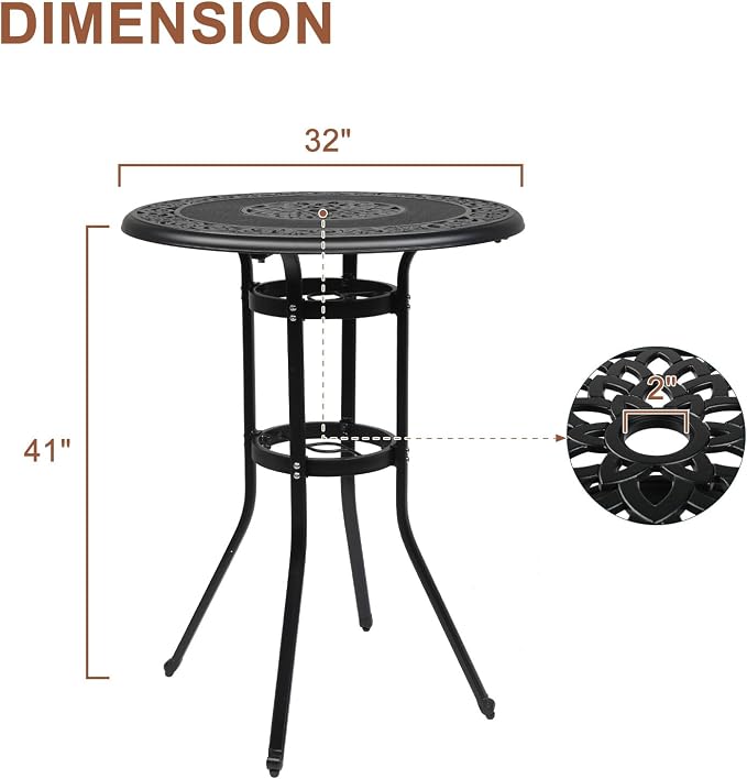 Outdoor Patio Cast Aluminum Round Bar Table,Outdoor Bar Table, Bar Height Patio Table with Umbrella Hole Patio Dining Table, Cast Aluminum Tall Outdoor Table Bistro Table Outdoor Furniture Garden Tabl