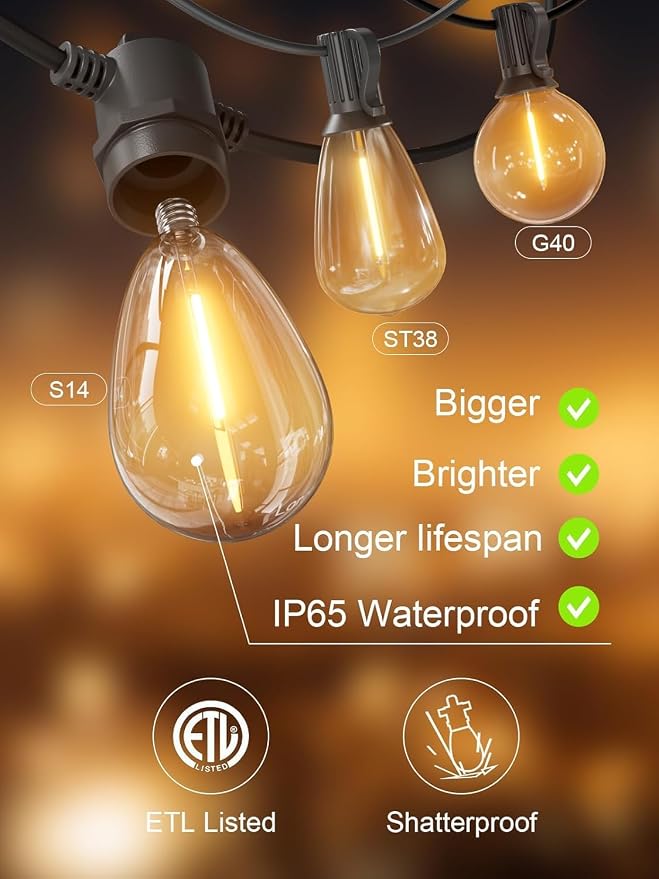 Svater Outdoor String Lights LED 25 FT, LED Patio Light Waterproof IP65 | Shatterproof S14 E12 Bulbs,Hanging Lighting for Outside Bistro Cafe Porch Party, ETL-Listed, Dimmable, Warm White