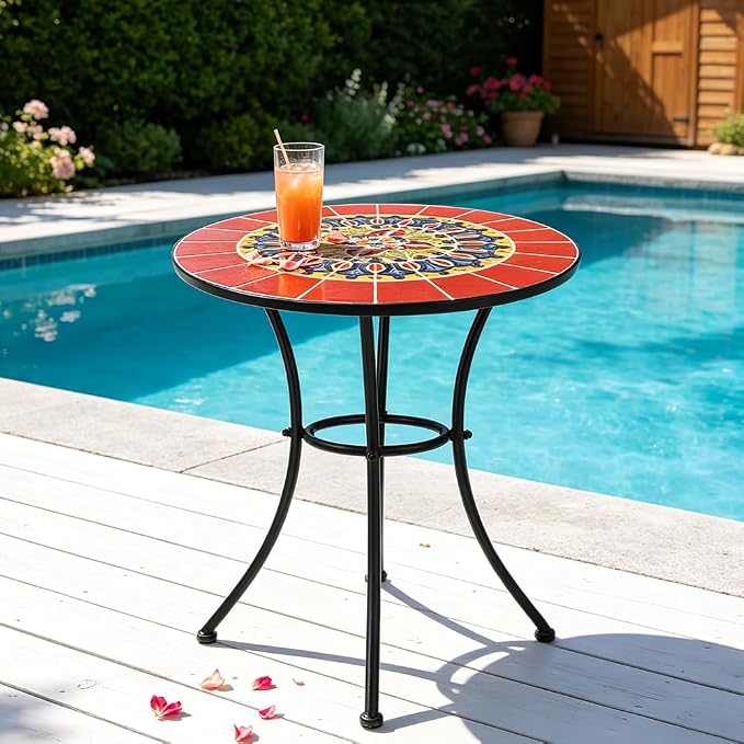 23.6" Outdoor Patio Mosaic Round Table Garden Bistro Accent Table | Ceramic Tile Waterptoof Side End Table Metal Frame Dining Table Furniture for Balcony Backyard Porch Poolside Terrace