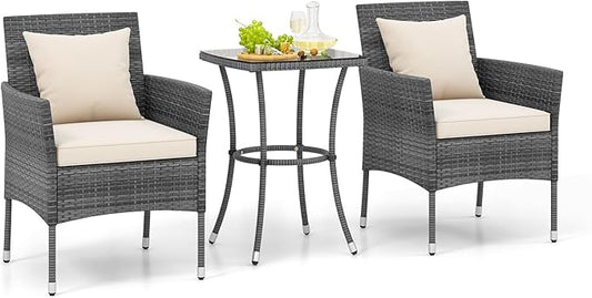 Tangkula 3-Piece Patio Furniture Set, PE Wicker Conversation Bistro Set w/A Tempered Glass Table & 2 Cushioned Chairs, Outdoor Table & Chairs Set for Patio Porch Yard Garden (Mix Gray+Off White)