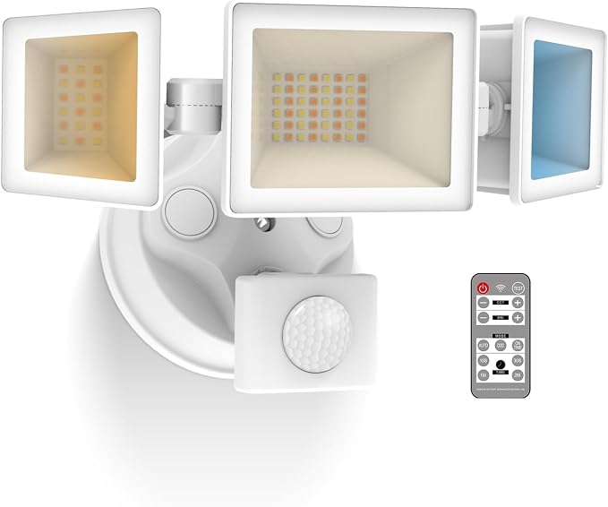 ALUSSO LED Security Lights Motion Sensor,120V 36W 3000LM Flood Lights Outdoor Motion Sensor with Remote, Dimmable Brightness 3000K-6000K IP65 3 Heads Outdoor Security Light for Garage Yard,White