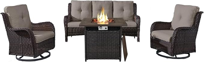 Belord 4 Piece Patio Wicker Furniture Set, Outdoor Swivel Rocker Chairs, All Weather Outdoor Patio Couch with Fire Pit Table for Deck Porch, Brown Wicker/Gray