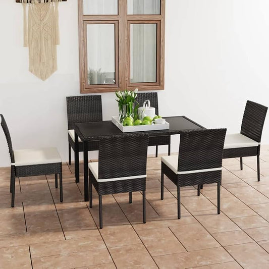 7 Piece Poly Rattan Outdoor Patio Dining Set with Cushions and Glass Tabletop for Garden, Deck, Backyard, Black