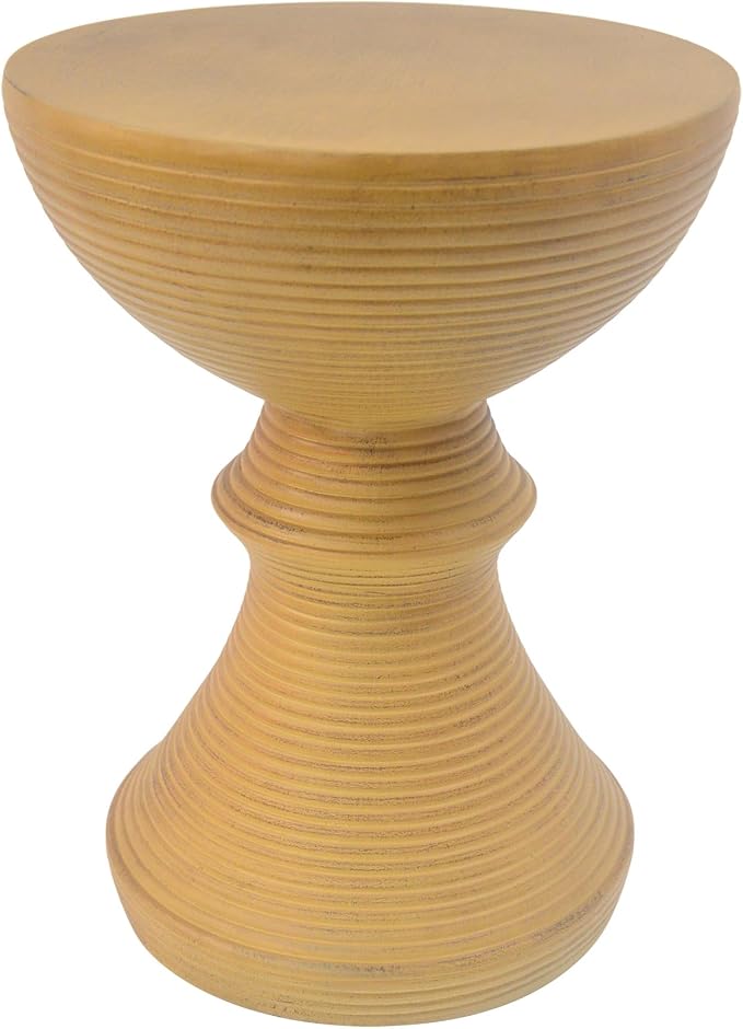 Round Outdoor Side Table, Ribbed Concrete Patio End Table with Hourglass Design, Samll Accent Side Table for Patio, Garden, Balcony (Natural)