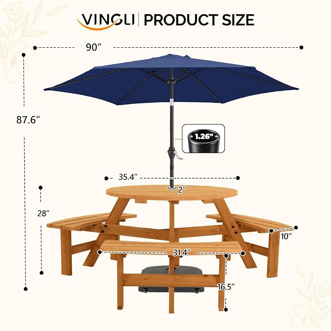 VINGLI Wood Picnic Table Outdoor Round Picnic Table with 7.5ft Umbrella and 4 Built-in Benches, Outdoor Dining Tables and Chairs 550 LBS Bench Capacity (Navy, Round)