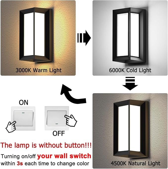Outdoor Wall Lights,2Packs Exterior Light Fixture,LED Wall Sconce 3-Color-Changeable Wall Mounted Lamps,Matte Black Porch&Patio Light Outdoor,IP65 Waterproof for Hallway Stairs Gardens