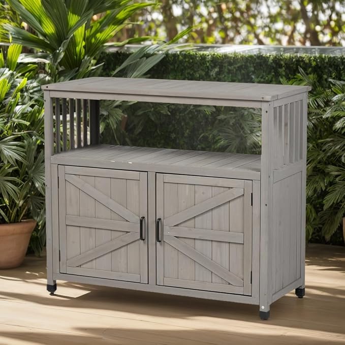 Outdoor Storage Cabinet, Patio Cabinet, Solid Wood Outdoor Console Table, Grey Slatted Buffet Cabinet Sideboard for Patio, Deck, Backyard, 220 Lb Capacity